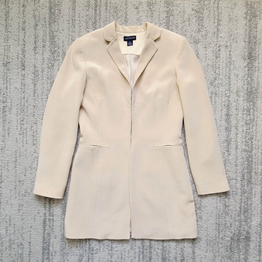 Ann Taylor Vintage Duster Blazer Light Gold Ivory Beige 100% Silk Jacket Size 4